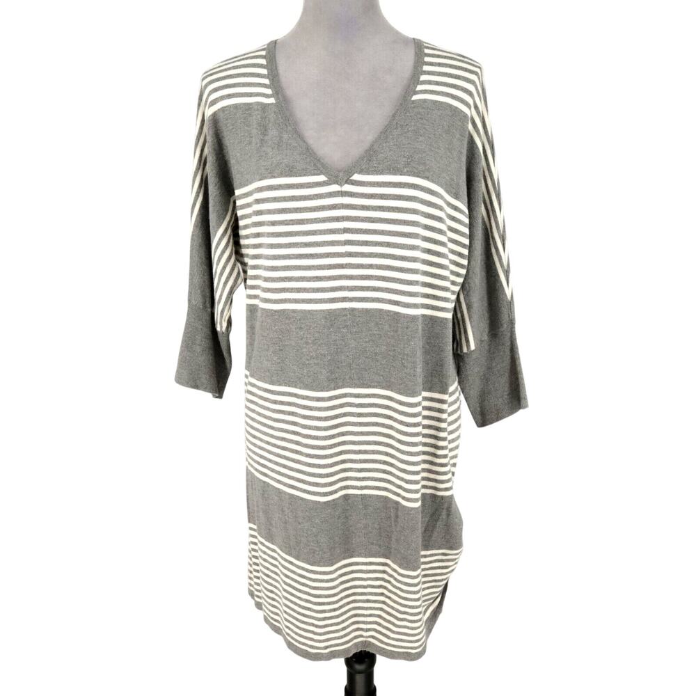 Torrid Sweater 2 Plus Size 2X Gray Ivory Stripe Ruched Side Hem Long Coastal